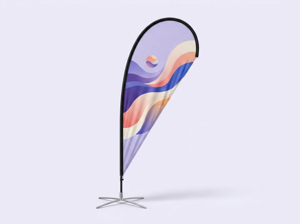 Ultra-realistic premium studio product photograph for a Dutch printing website product category: “Beachflag Droplet”. Show exactly one complete droplet-shaped beach flag, matching the classic Beachflag Droplet shape: a rounded wide top, a smooth curved outer edge, a gently curved inner edge following a black flexible pole, and a narrow pointed bottom tip. The flag should look like a tall elegant water droplet, not a feather flag, not a rectangular flag, not a straight flag. The entire beach flag must be fully visible from top to bottom, including the black pole, the pointed fabric bottom and the complete silver metal cross base. Do not crop any part of the product. Use a seamless very pale light-lavender studio background and floor, almost white with a subtle soft purple tone. Minimal clean setting, with a soft realistic shadow under the metal base. The printed polyester fabric has a refined premium advertising design in light lavender, deep violet, cobalt blue, soft coral, cream and subtle warm orange. The design uses elegant curved shapes, layered flowing waves, fine gradients and a small abstract round graphic near the upper area. The full-colour print should cover the entire fabric and follow the droplet shape naturally. No readable text, no logos, no brand names, no watermark. Show realistic fabric weave, clean stitched black edge, natural gentle tension folds, a little translucency in the light, a correctly curved black flexible pole and realistic silver cross-foot base with four thin legs. Straight front-facing product view, very slight three-quarter angle only, eye-level camera. The beachflag is centered and cleanly isolated, premium contemporary Dutch print-shop product photography. Vertical 4:5 aspect ratio, high-resolution photorealism, soft diffused lighting, no people, no hands, no outdoor scene, no mockup interface, no 3D render.