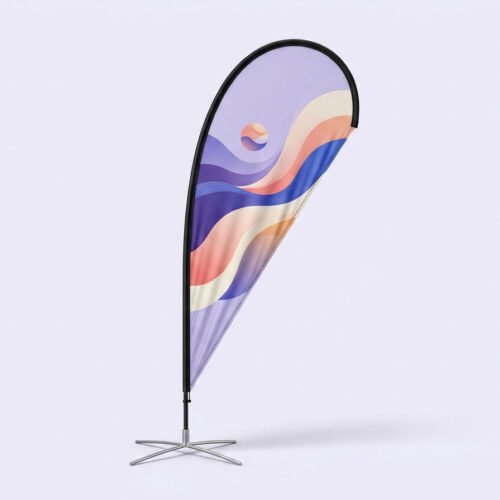 Ultra-realistic premium studio product photograph for a Dutch printing website product category: “Beachflag Droplet”. Show exactly one complete droplet-shaped beach flag, matching the classic Beachflag Droplet shape: a rounded wide top, a smooth curved outer edge, a gently curved inner edge following a black flexible pole, and a narrow pointed bottom tip. The flag should look like a tall elegant water droplet, not a feather flag, not a rectangular flag, not a straight flag. The entire beach flag must be fully visible from top to bottom, including the black pole, the pointed fabric bottom and the complete silver metal cross base. Do not crop any part of the product. Use a seamless very pale light-lavender studio background and floor, almost white with a subtle soft purple tone. Minimal clean setting, with a soft realistic shadow under the metal base. The printed polyester fabric has a refined premium advertising design in light lavender, deep violet, cobalt blue, soft coral, cream and subtle warm orange. The design uses elegant curved shapes, layered flowing waves, fine gradients and a small abstract round graphic near the upper area. The full-colour print should cover the entire fabric and follow the droplet shape naturally. No readable text, no logos, no brand names, no watermark. Show realistic fabric weave, clean stitched black edge, natural gentle tension folds, a little translucency in the light, a correctly curved black flexible pole and realistic silver cross-foot base with four thin legs. Straight front-facing product view, very slight three-quarter angle only, eye-level camera. The beachflag is centered and cleanly isolated, premium contemporary Dutch print-shop product photography. Vertical 4:5 aspect ratio, high-resolution photorealism, soft diffused lighting, no people, no hands, no outdoor scene, no mockup interface, no 3D render.